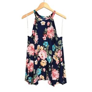 Perch by Blu Pepper Navy Floral High Neck Sleeveless‎ Tank Top Women's 2XL